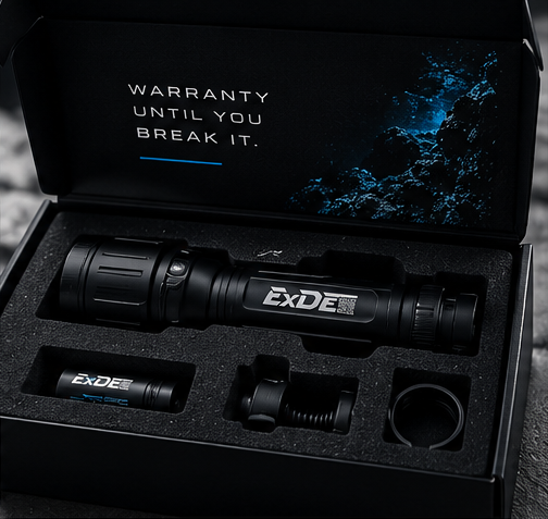 ExDE packaging concept: open box with diving lights and accessories