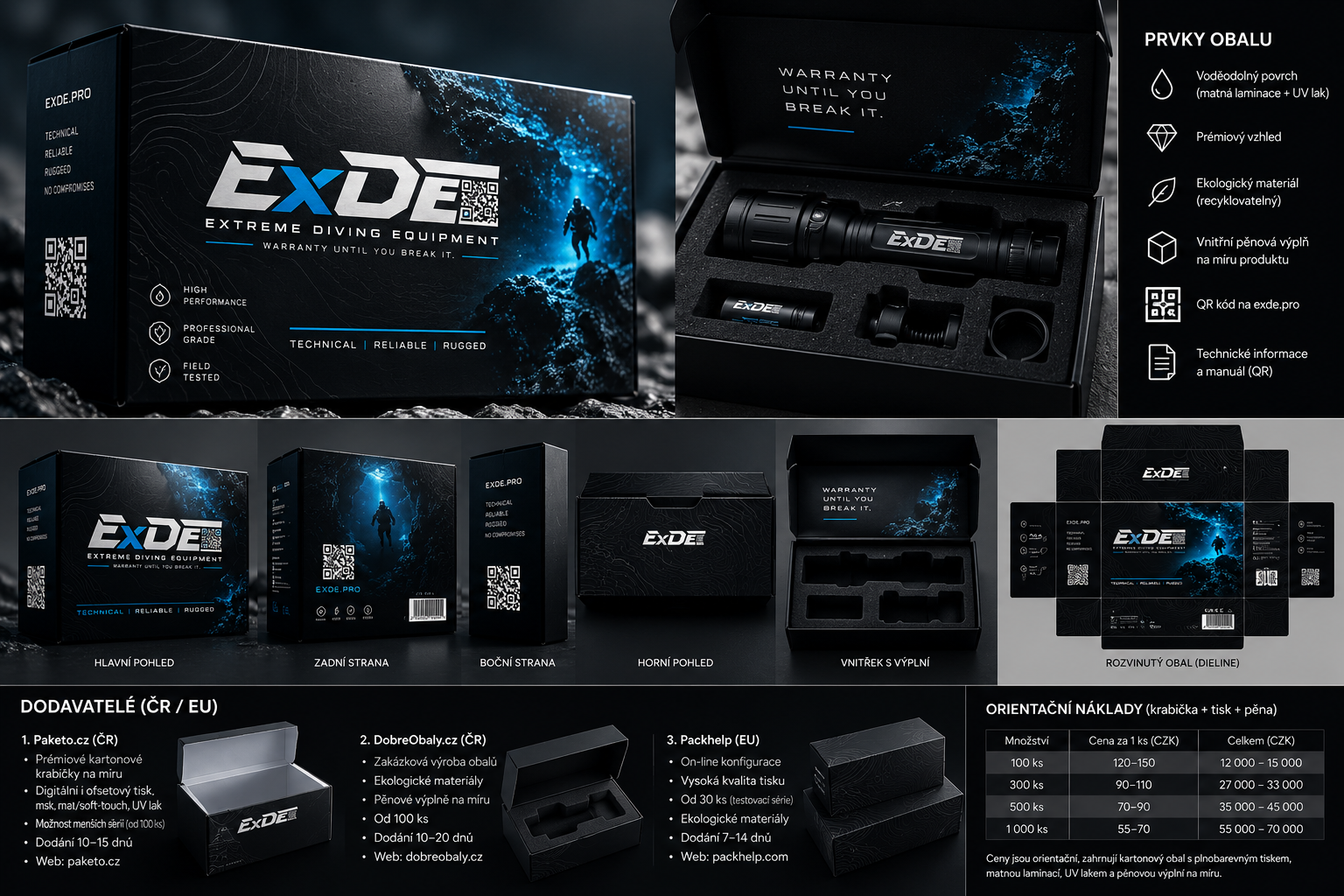 ExDE black and blue packaging concept with underwater imagery